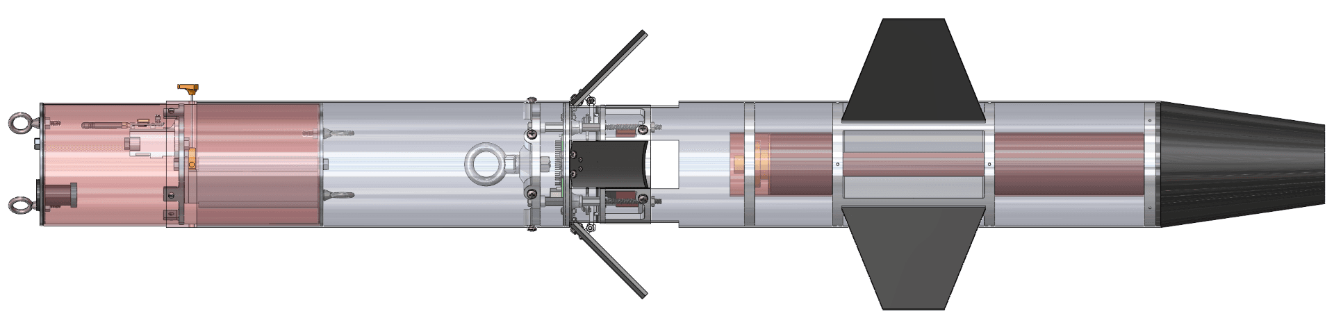 CAD section view of the aft airframe assembly, with the deployed airbrake flaps visible mid-body ahead of the fin can