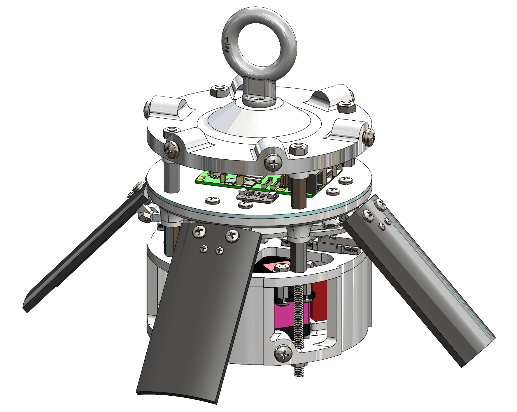 CAD render of the airbrakes module with its flaps deployed, a controller board mounted on the upper deck, and the drive screw visible inside the housing