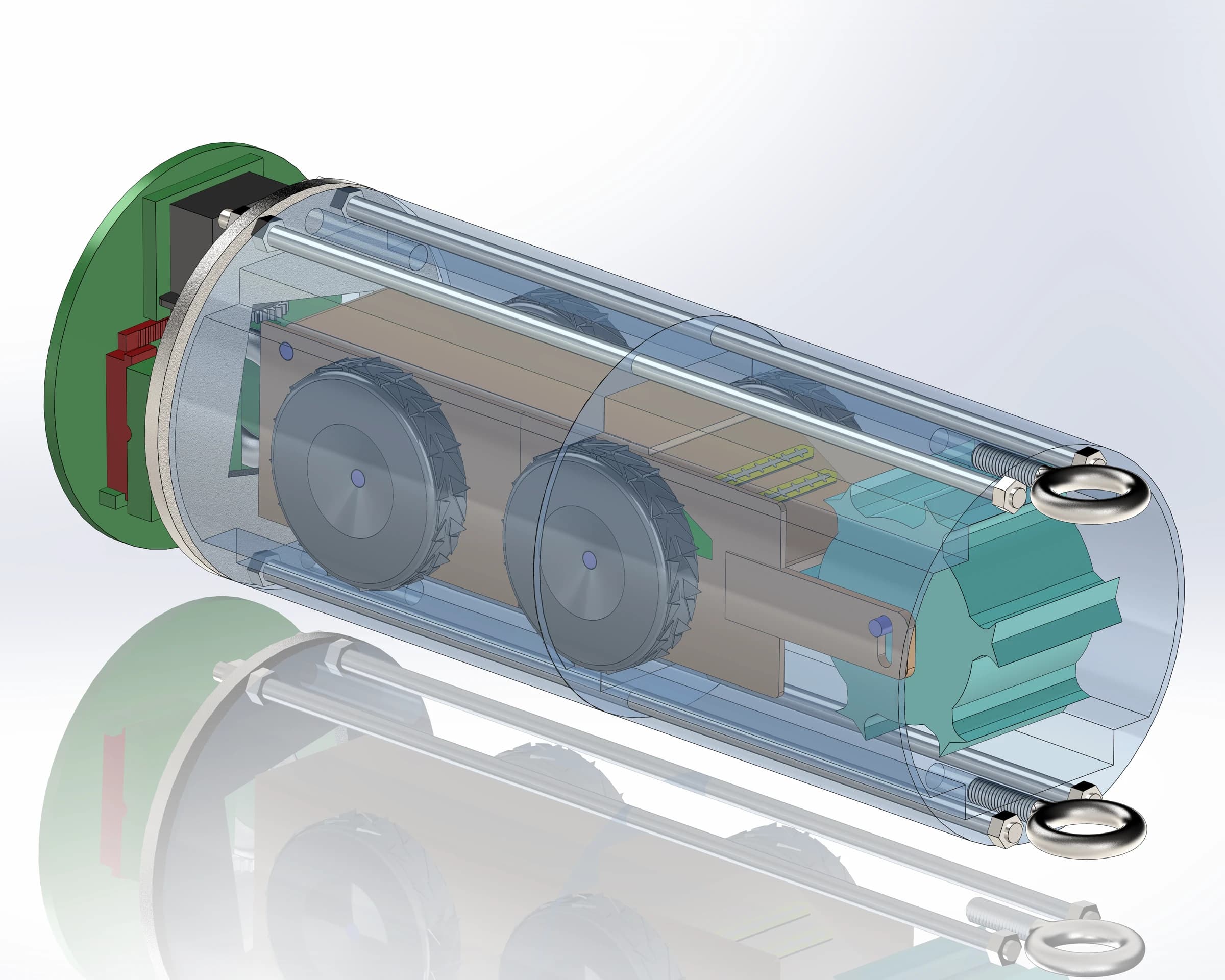 CAD render of the tracked rover stowed inside the transparent payload tube with its retention rails and springs