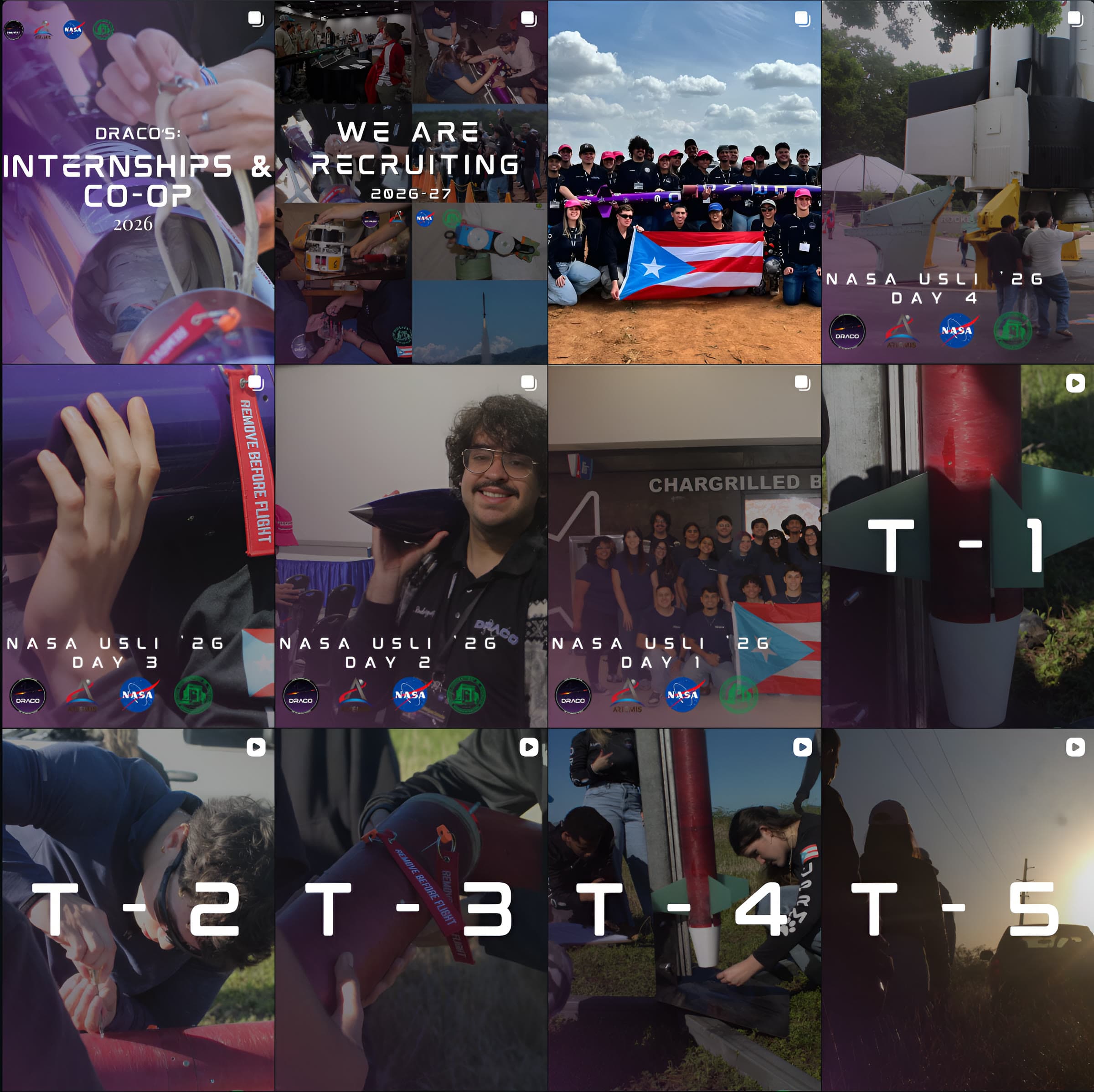 A grid of twelve DRACO Instagram posts, including a T-minus countdown series, day-by-day NASA USLI 2026 coverage, a recruitment announcement, and an internships post