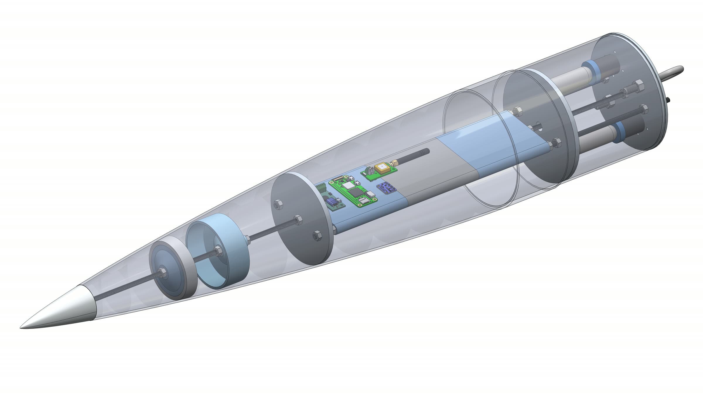 Transparent CAD cutaway of Forest Wyvern's nose section, showing the STEMnaut payload's electronics board, battery, and bulkheads inside the airframe.