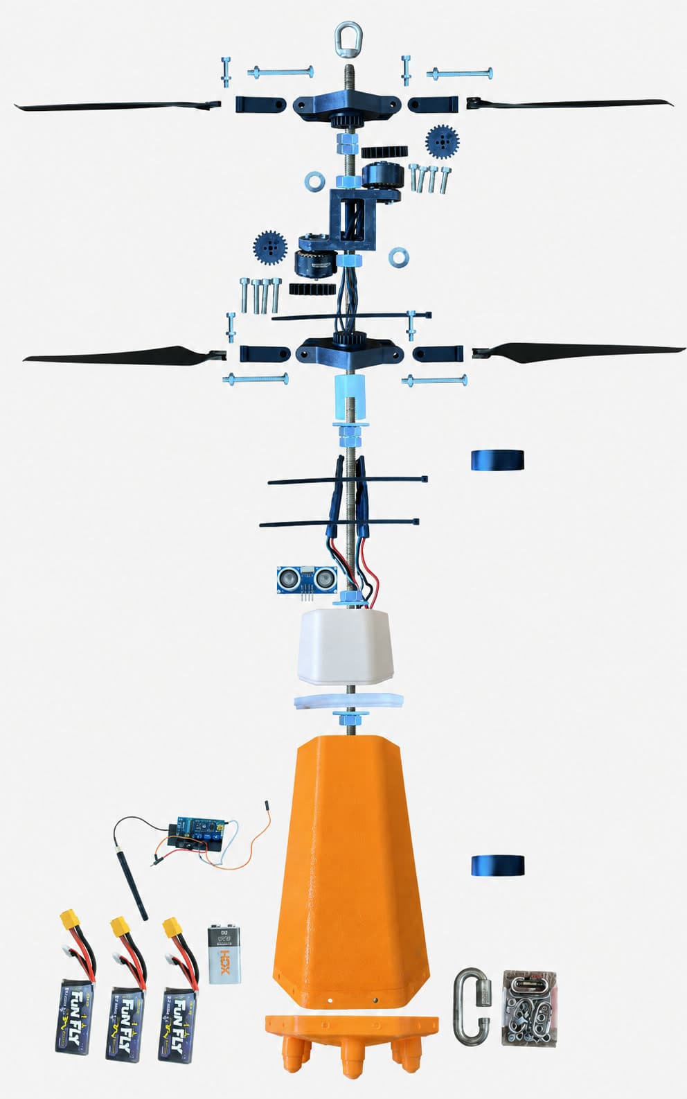 Exploded parts view of the C.H.I.L.D. coaxial-helicopter payload, showing the counter-rotating rotor blades and gearing, an ultrasonic sensor, battery packs, and the 3D-printed orange housing.